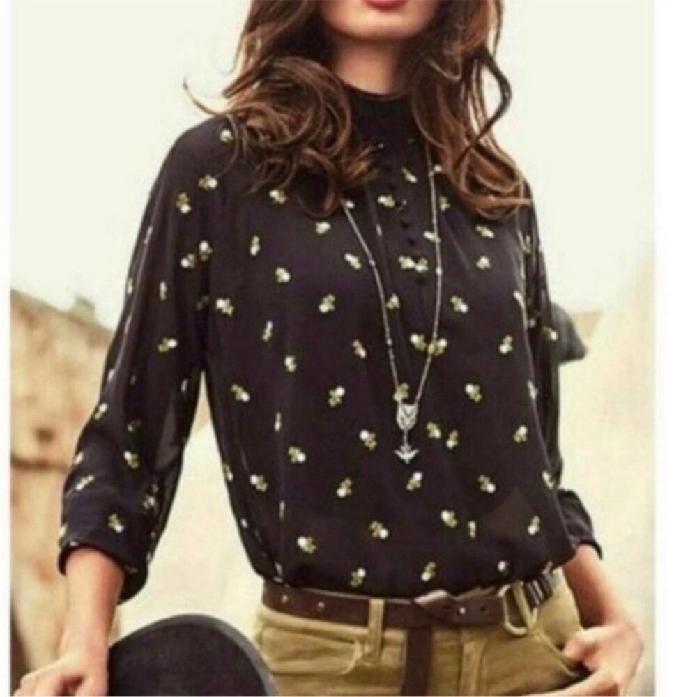 CAbi Alegria Sheer Ditsy Floral Embroidered Blouse Sz M Black Peasant 5338 Boho